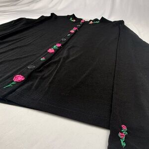 Black Soft Floral Embroidered Women's Lightweight Cardigan Sweater